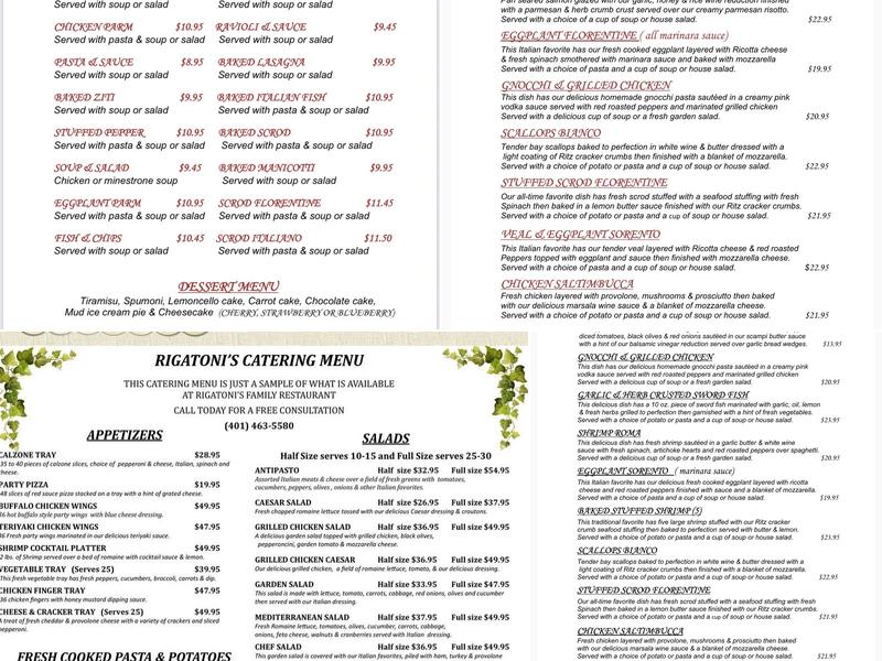 Rigatoni's Menu