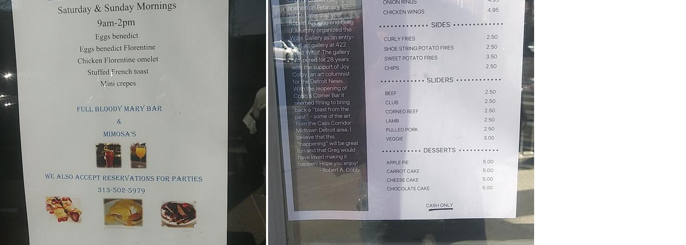 Cobb's Corner Bar Menu