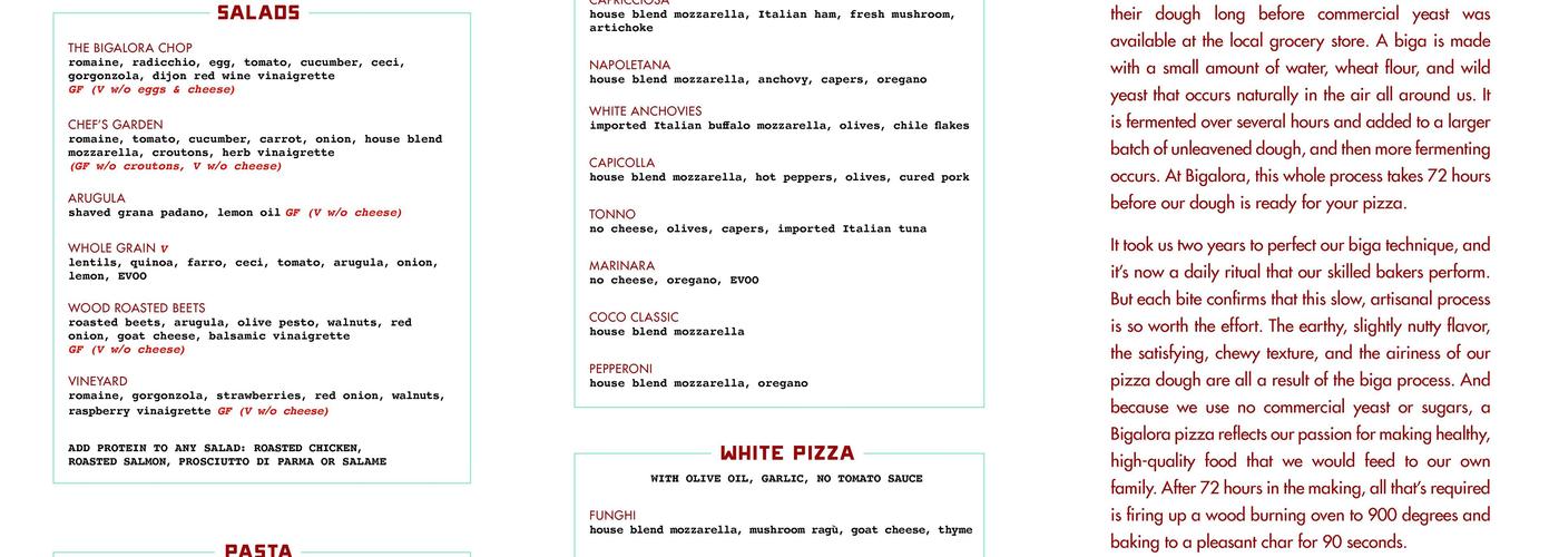 Bigalora Commissary Menu