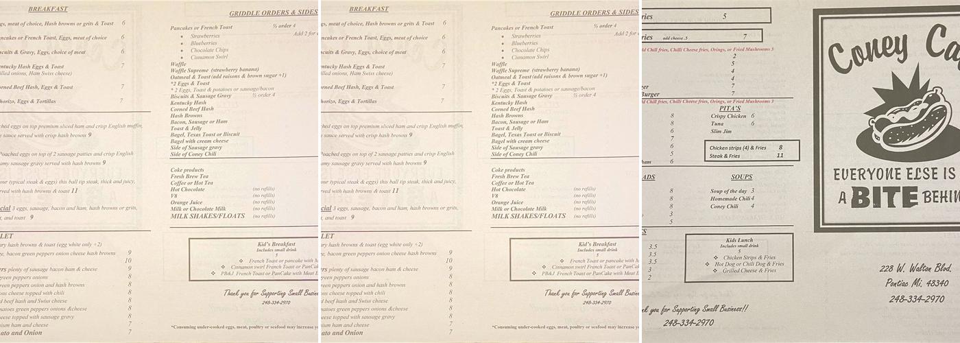 Coney Cafe Menu