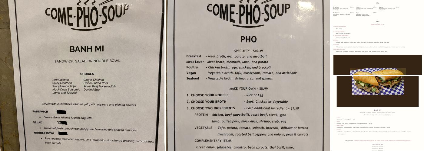 Come Pho Soup Menu