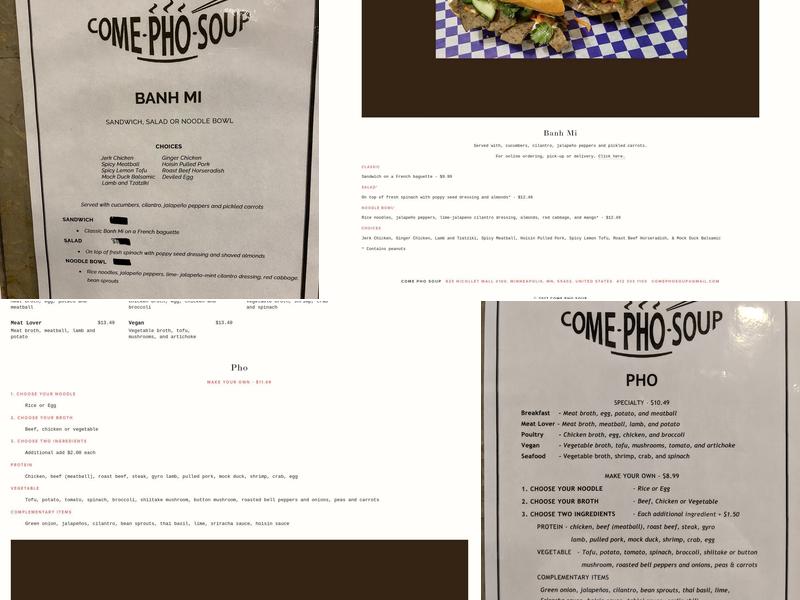 Come Pho Soup Menu