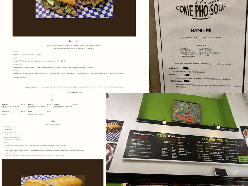 Come Pho Soup Menu