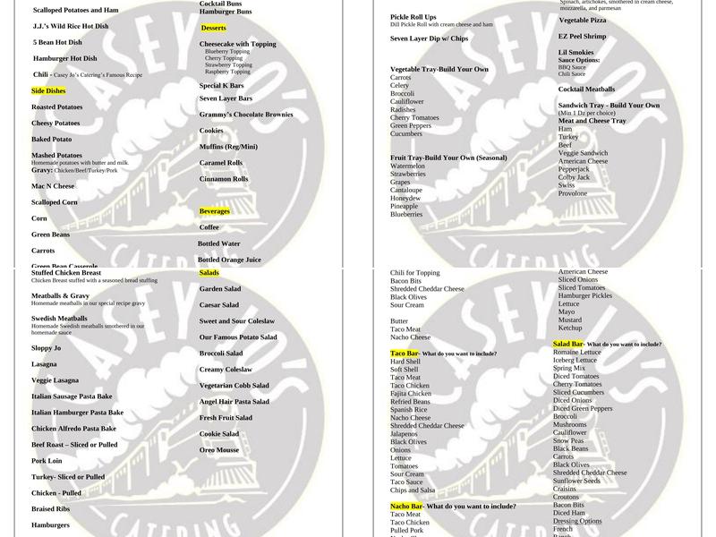 Casey Jo's Catering Inc Menu