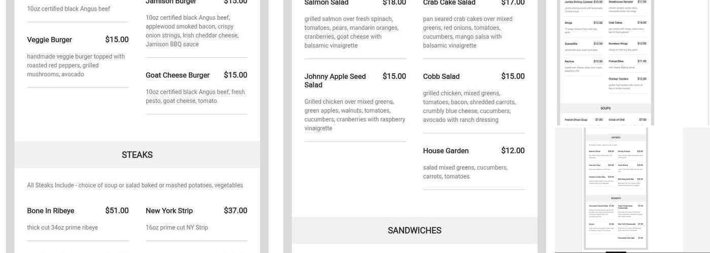 Poughkeepsie Steakhouse Menu