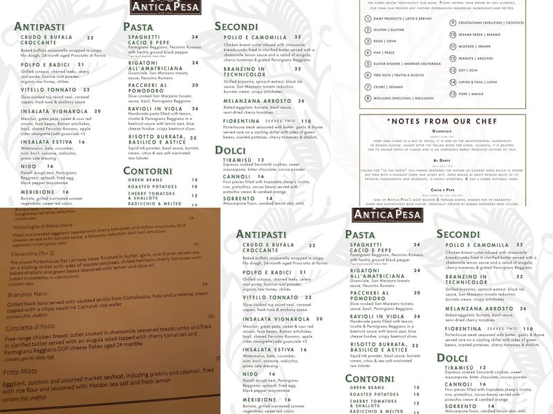 Antica Pesa Brooklyn Menu