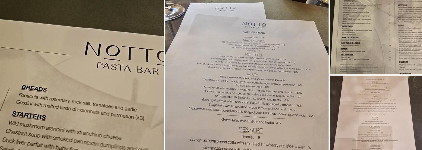 Notto Pasta Bar Piccadilly Menu