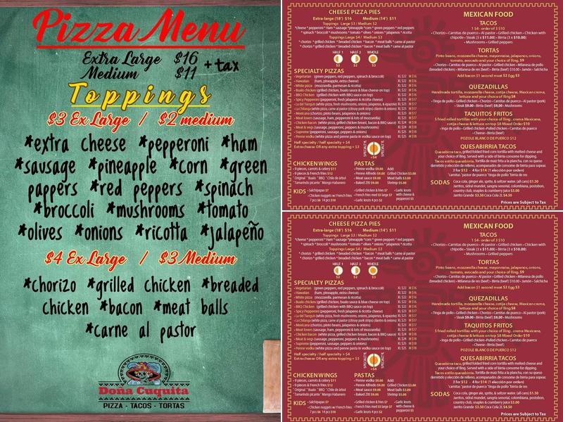 Dona Cuquita Pizzeria Menu