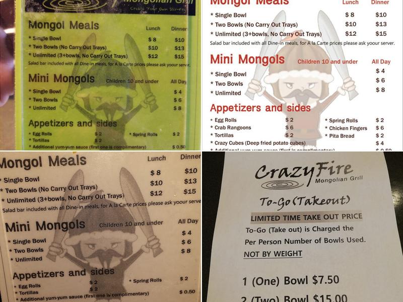 Crazy Fire Mongolian Grill Menu