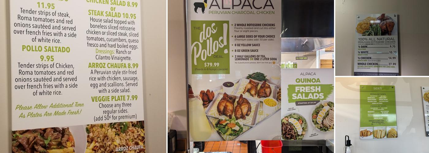 Alpaca Peruvian Charcoal Chicken Menu