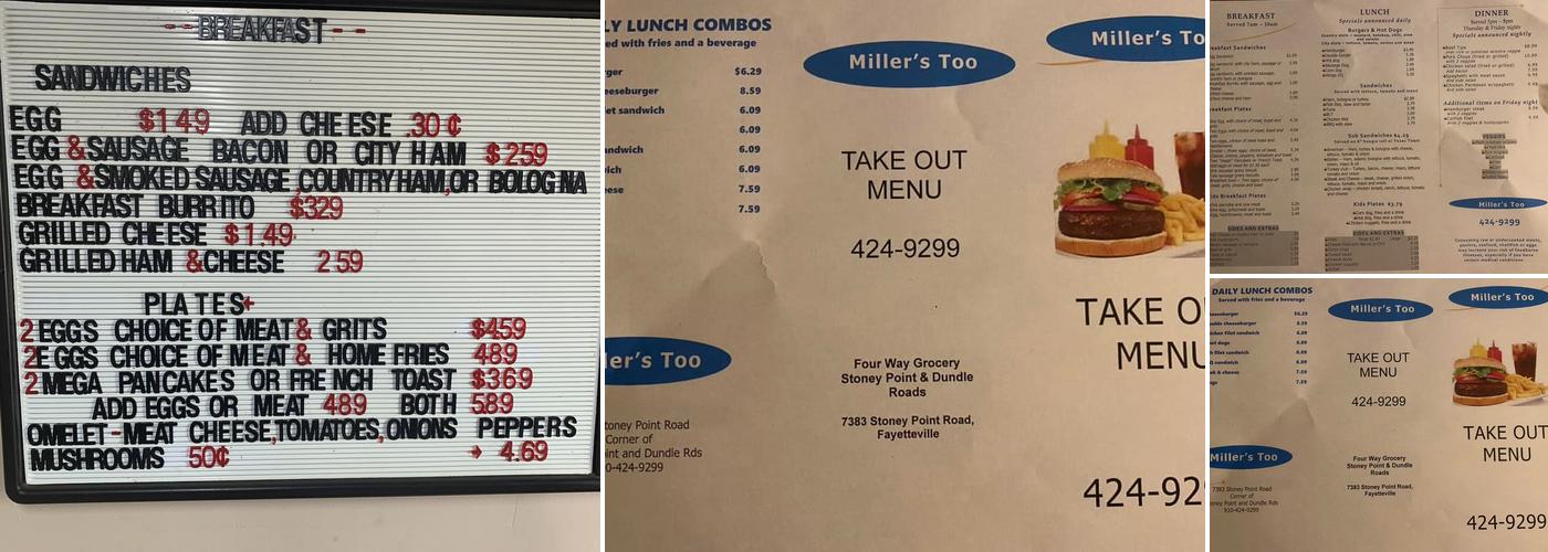 Miller's Too Menu
