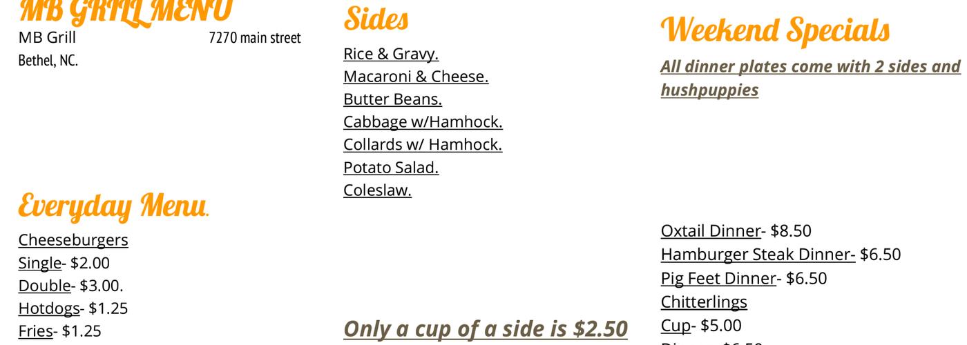 MB Grill Menu