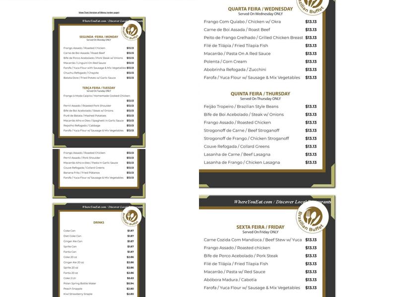 Brazilian Buffet Menu