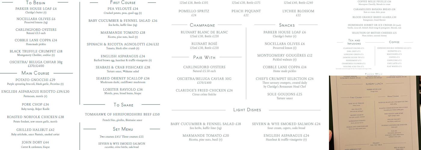 Claridge's Restaurant Menu