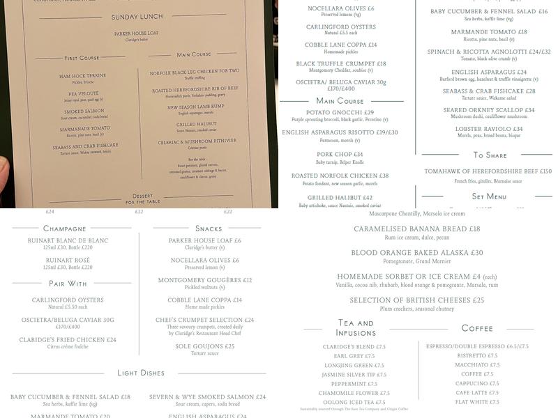 Claridge's Restaurant Menu