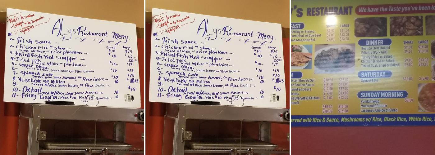Aly's Restaurant Menu
