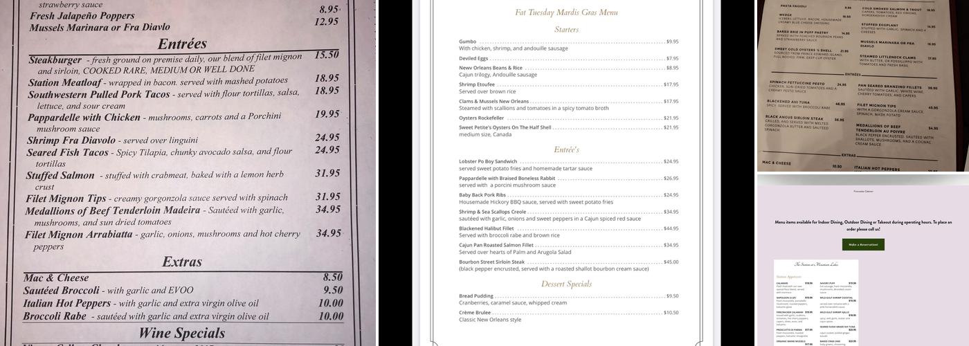 The Station at Mountain Lakes Menu