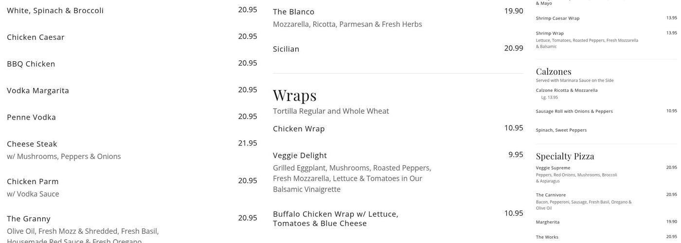 Amore Pizzeria & Restaurant Menu