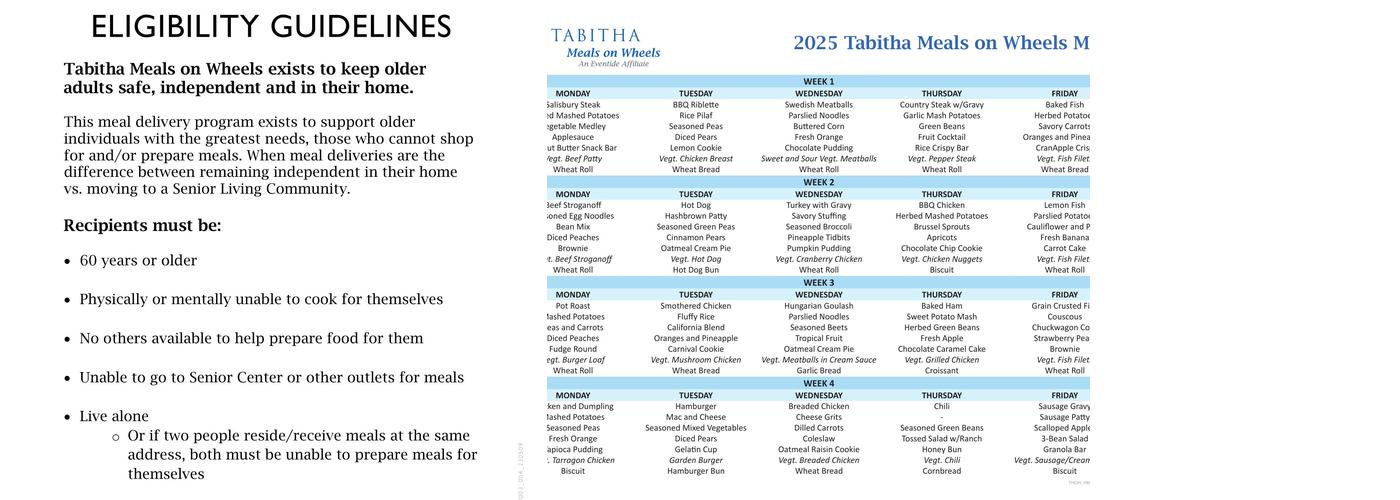 Tabitha Meals on Wheels Menu
