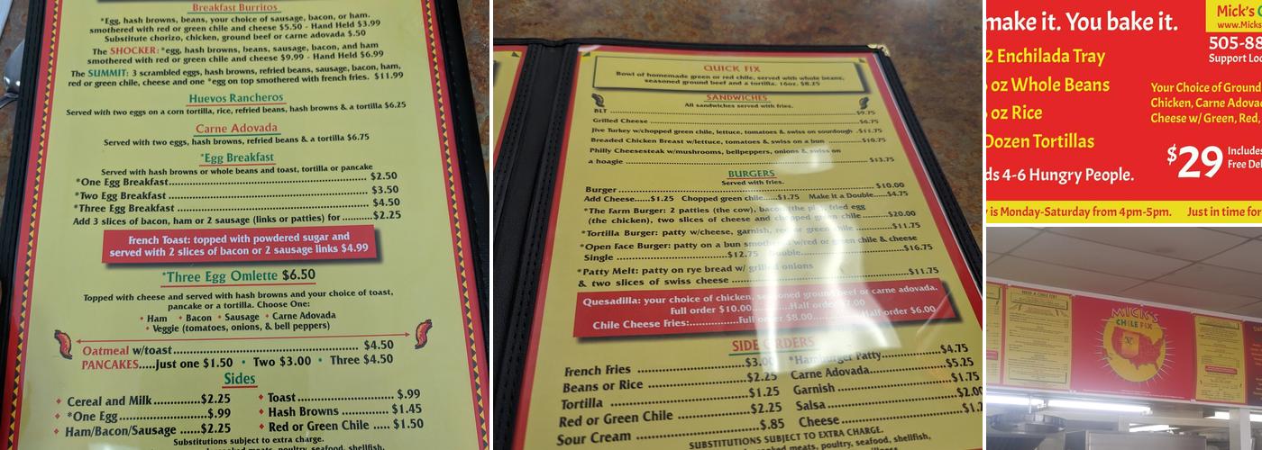 Mick's Chile Fix Menu
