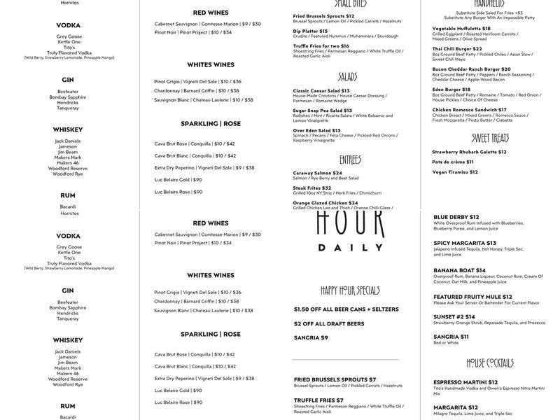 Over Eden Menu