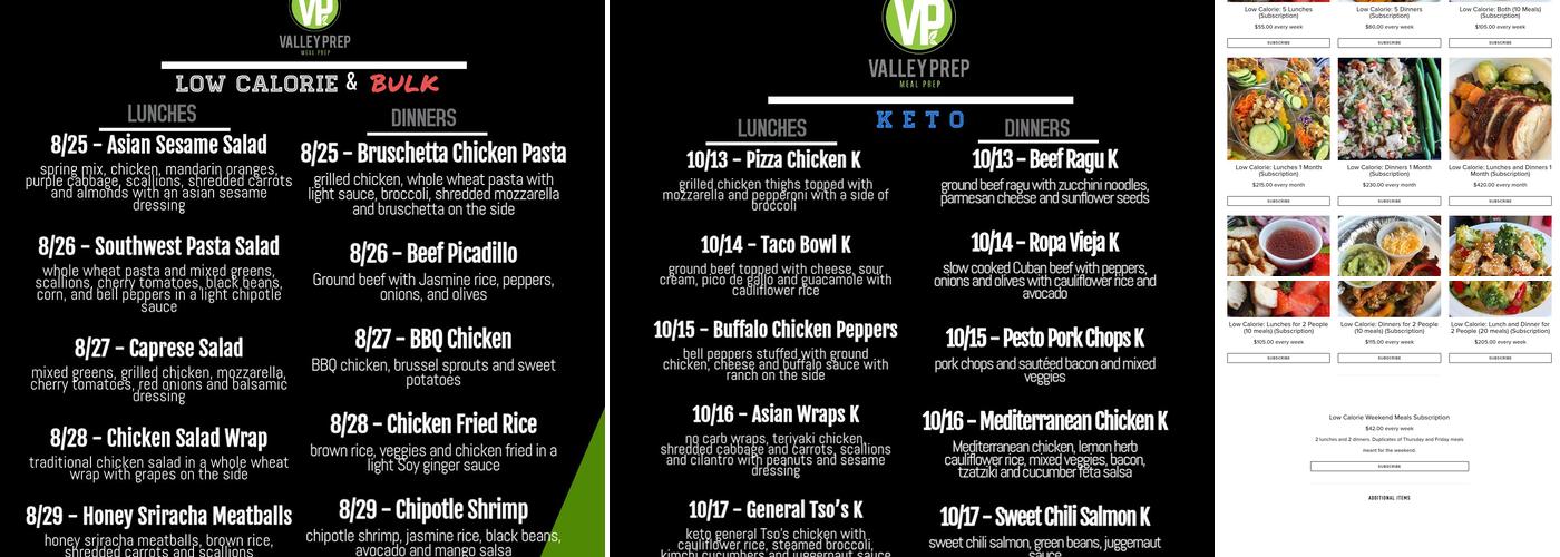 Valley Prep Meal Prep Menu