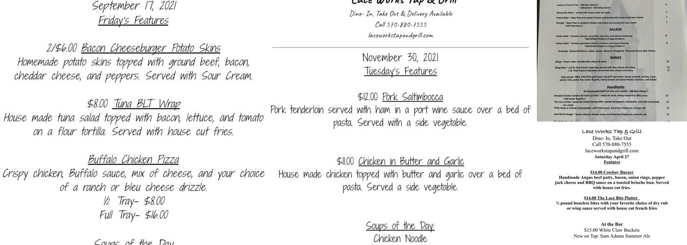 Lace Works Tap & Grill Menu