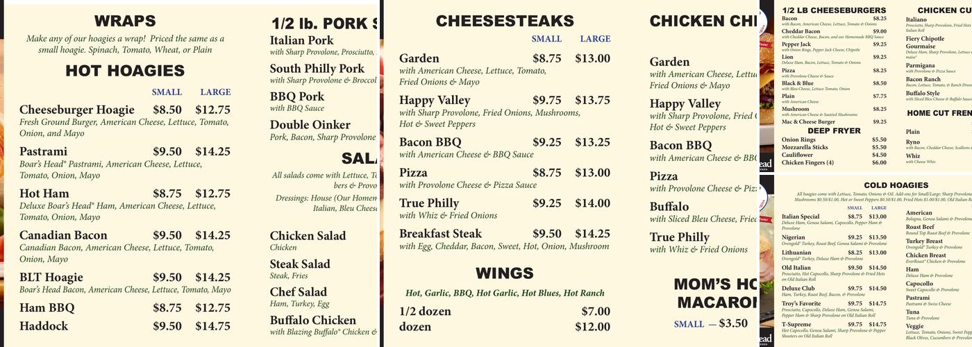 Troy's Philadelphia Style Hoagies Menu