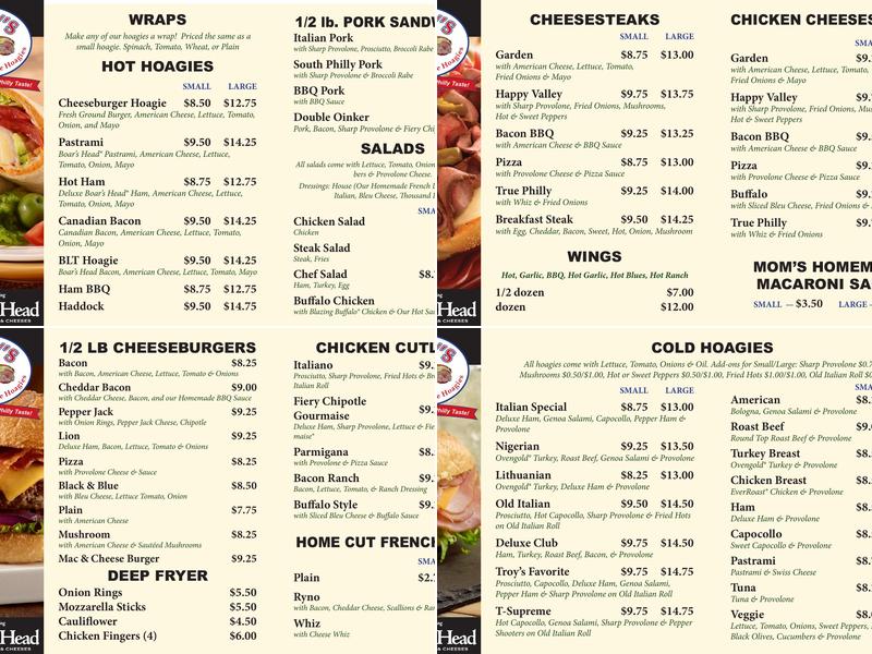 Troy's Philadelphia Style Hoagies Menu