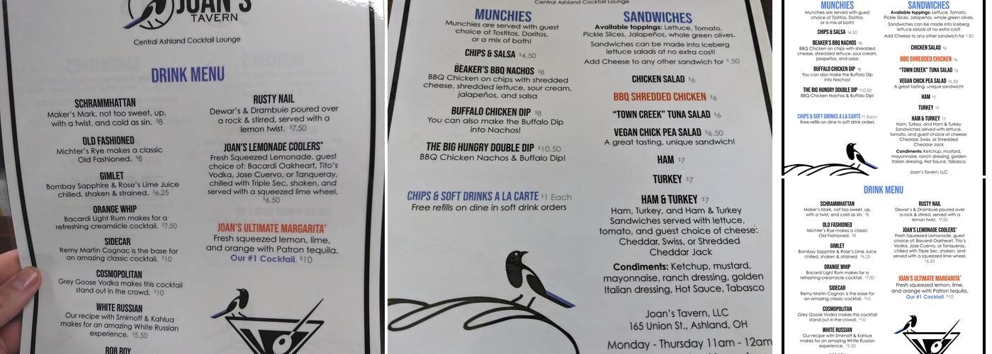 Joan's Tavern Menu