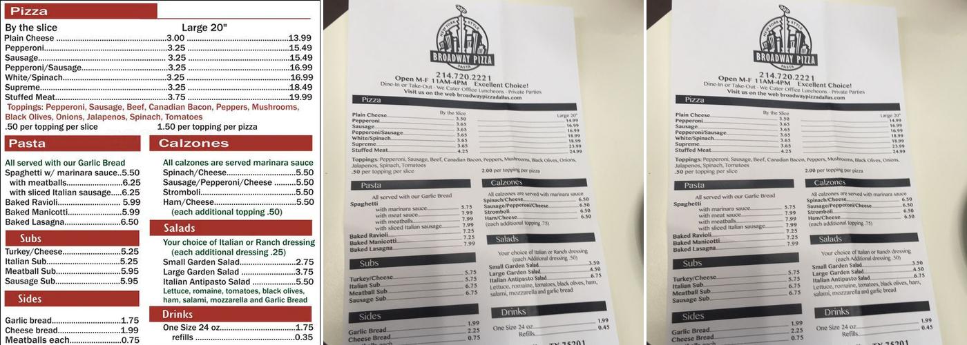 Broadway Pizza Menu