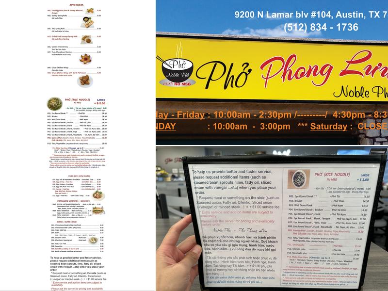 Phở Phong Lưu Menu