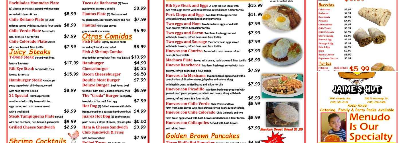 Jaime's Hut Inn Menu