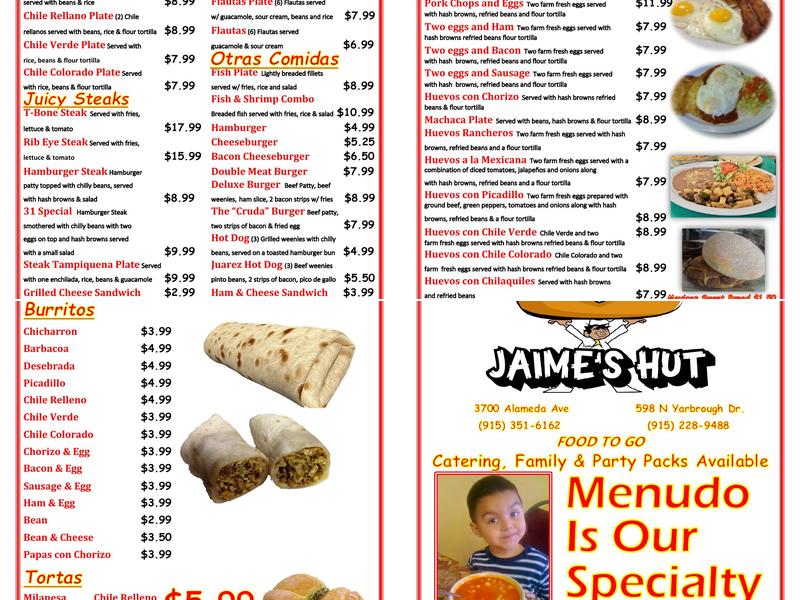 Jaime's Hut Inn Menu