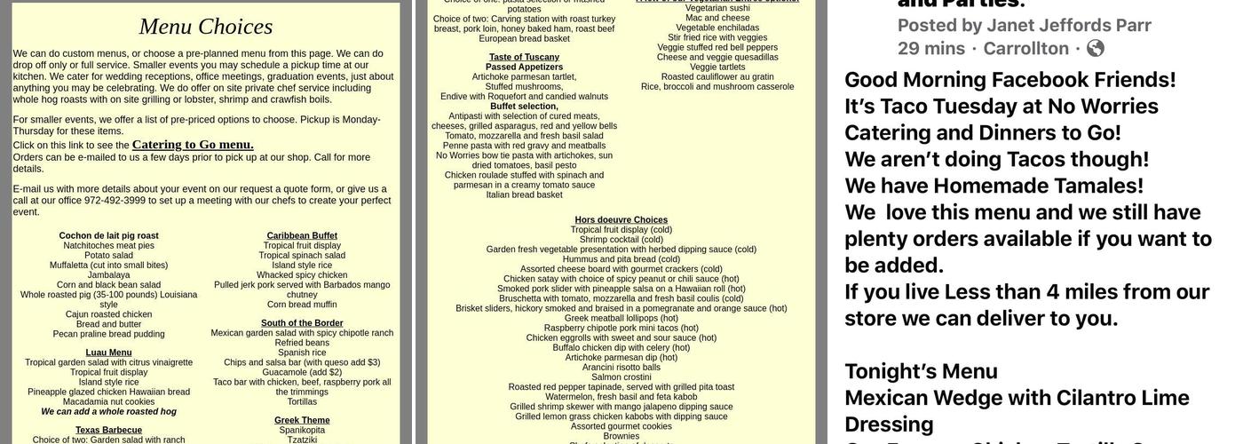 No Worries Catering Menu