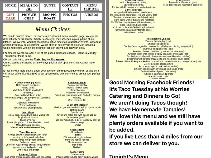 No Worries Catering Menu