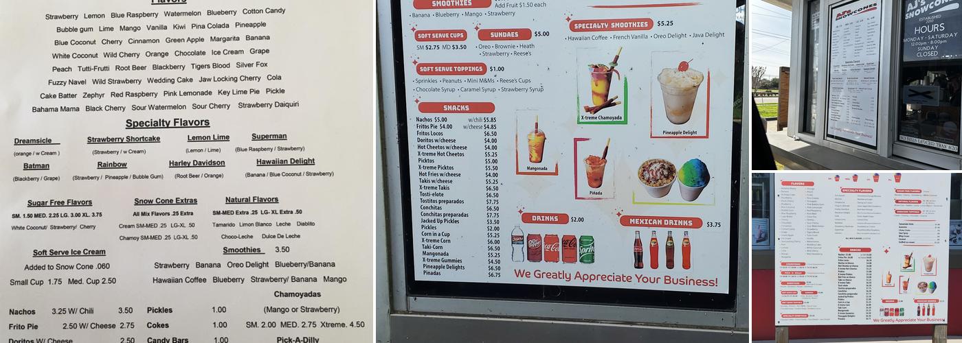 AJ's Snowcones Menu