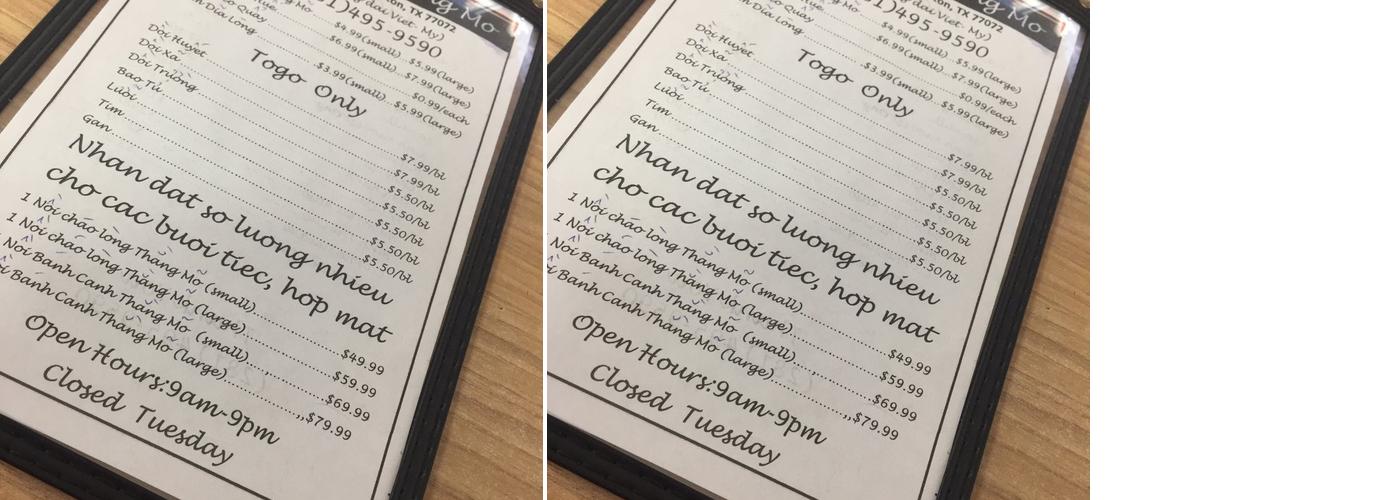 Chao Long Thang Mo Menu