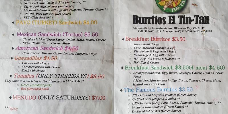 Burritos El Tin-Tan Menu