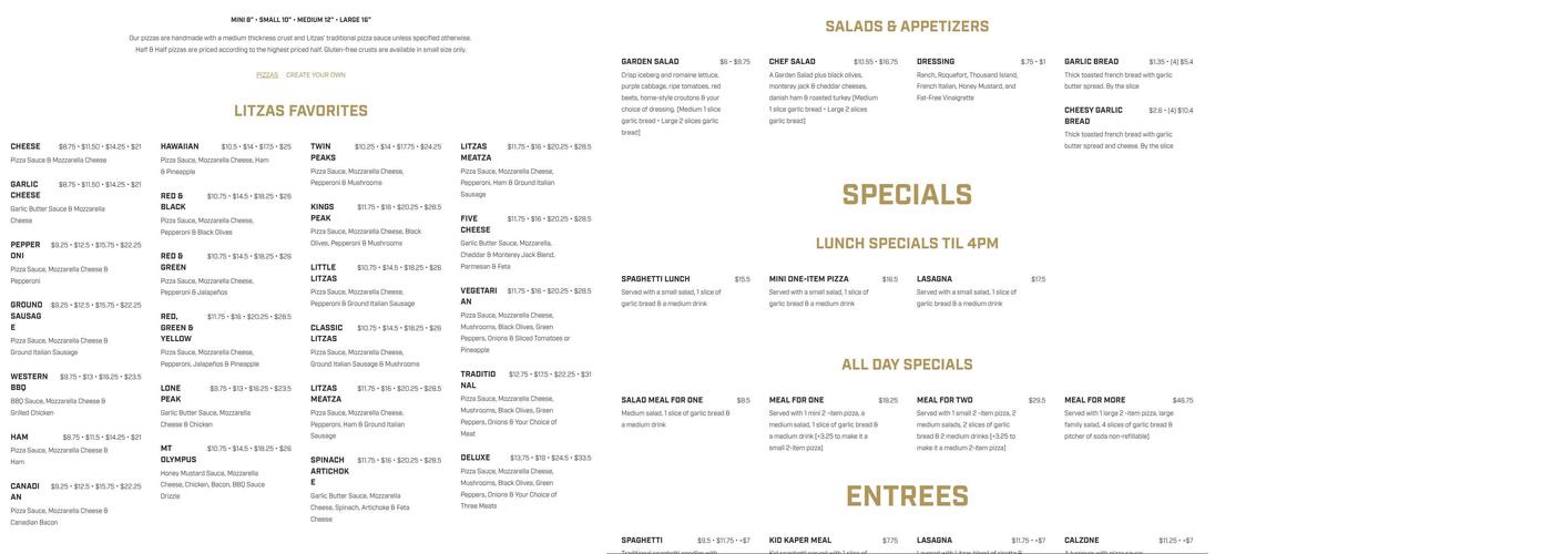Litzas Pizza Menu