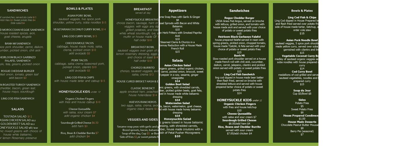 The Honeysuckle Cafe Menu