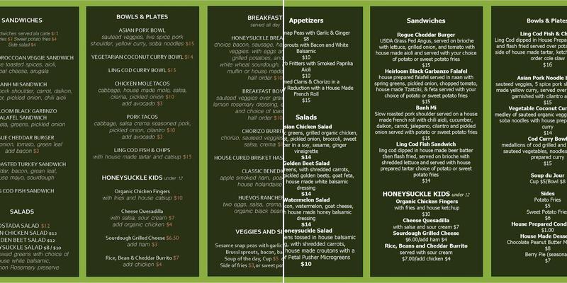 The Honeysuckle Cafe Menu