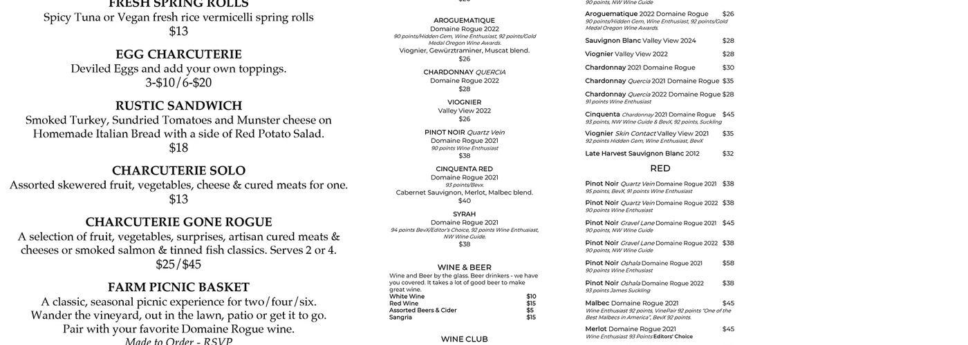 Valley View Winery Menu