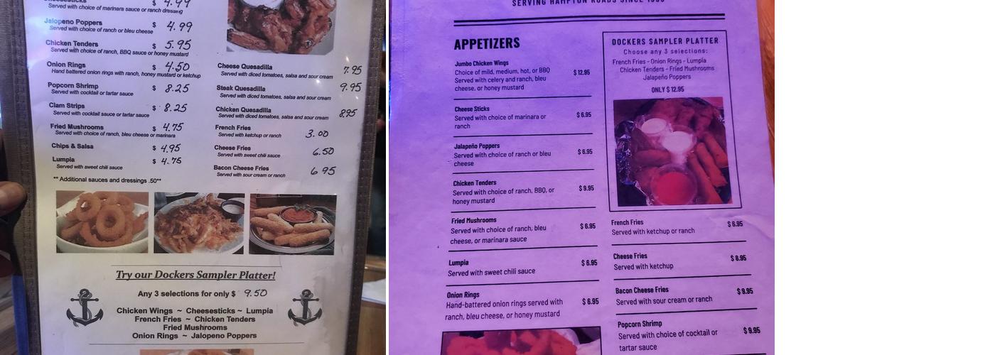 Dockers Karaoke Pub Menu