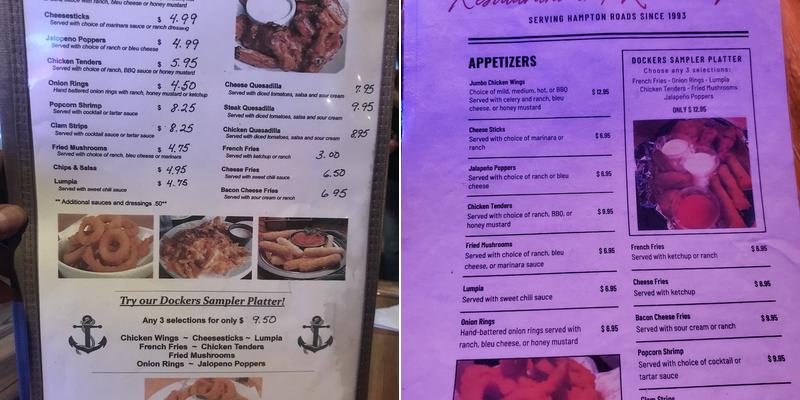 Dockers Karaoke Pub Menu