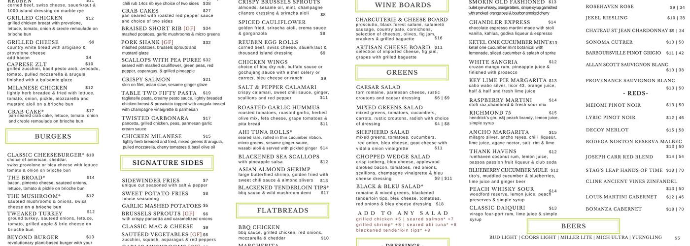 Table Two Fifty Menu