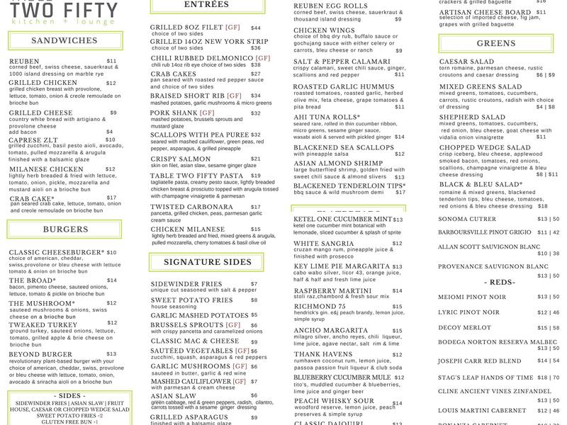 Table Two Fifty Menu