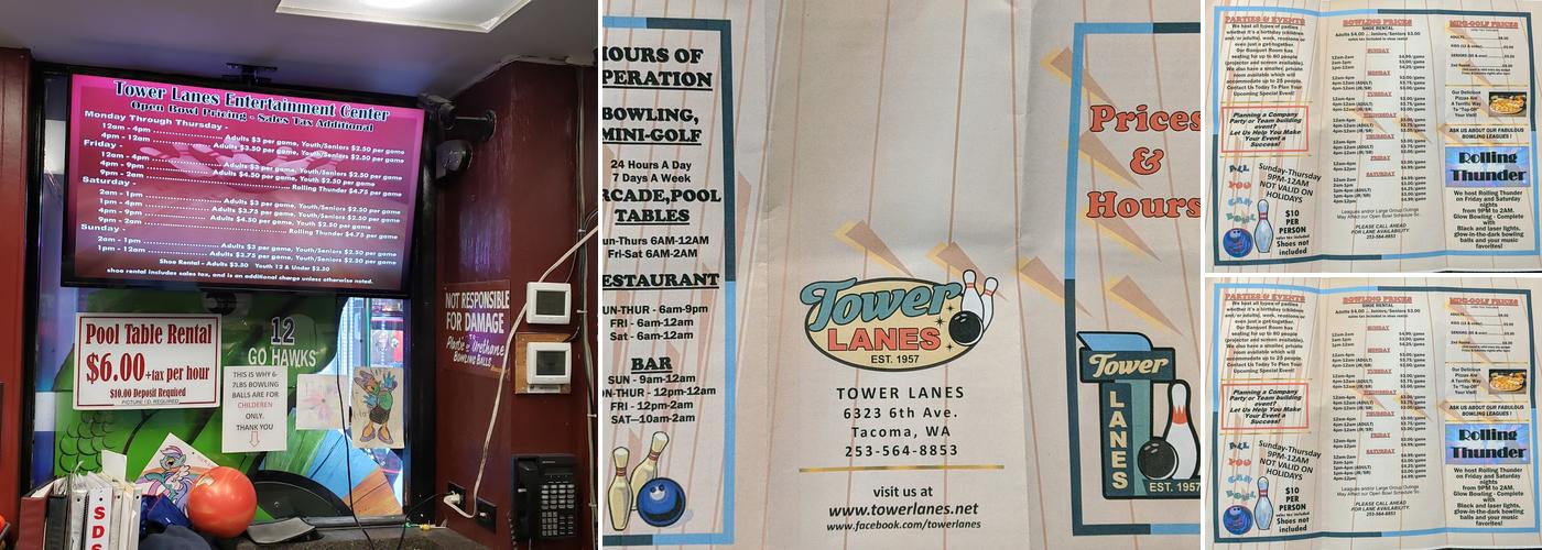 Tower Lanes Entertainment Center Menu