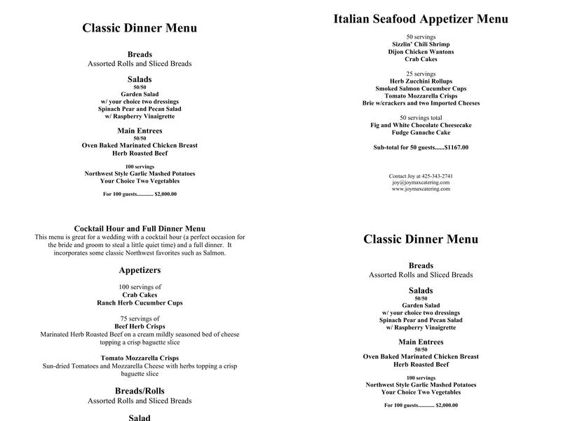 Joy's Affordable Catering Menu