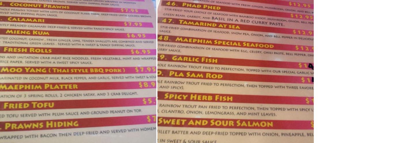 Mae Phim Thai Menu